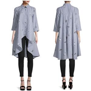 Patrizia Luca Women Striped Embroidered Floral 3/4 Sleeve High Low Shirt Dress M